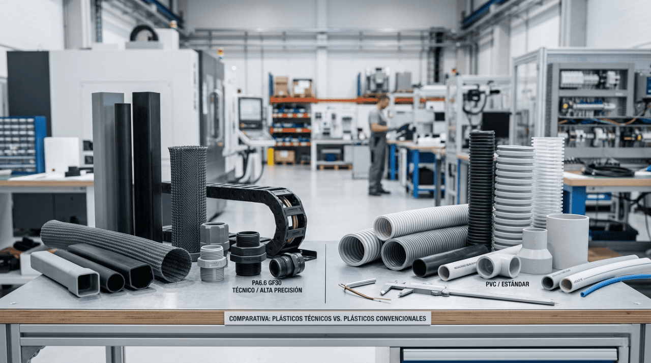 Comparativa visual entre plásticos técnicos y plásticos convencionales en un entorno industrial, con tubos, racores, perfiles y fundas de aislamiento sobre una mesa de trabajo, plásticos técnicos vs plásticos convencionales