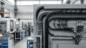 Instalación eléctrica industrial con cables canalizados mediante tubos, canaletas y fundas de protección en un entorno técnico profesional.