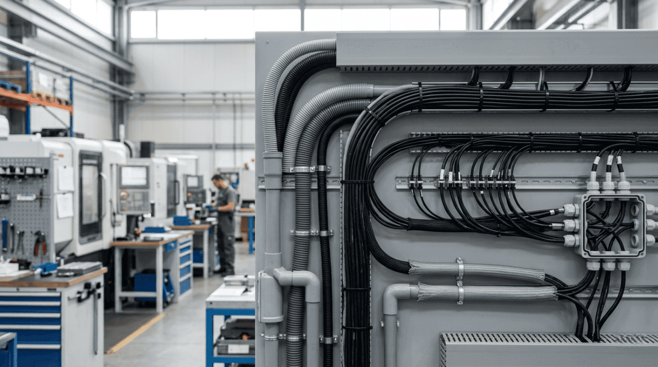 Instalación eléctrica industrial con cables canalizados mediante tubos, canaletas y fundas de protección en un entorno técnico profesional.