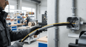 Instalación eléctrica profesional con cables pasando por tubo corrugado en un entorno industrial ordenado.