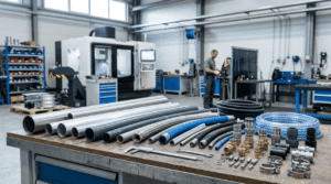 Tuberías y mangueras industriales con racores y uniones en un entorno técnico profesional.