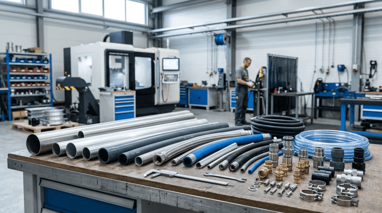 Tuberías y mangueras industriales con racores y uniones en un entorno técnico profesional.