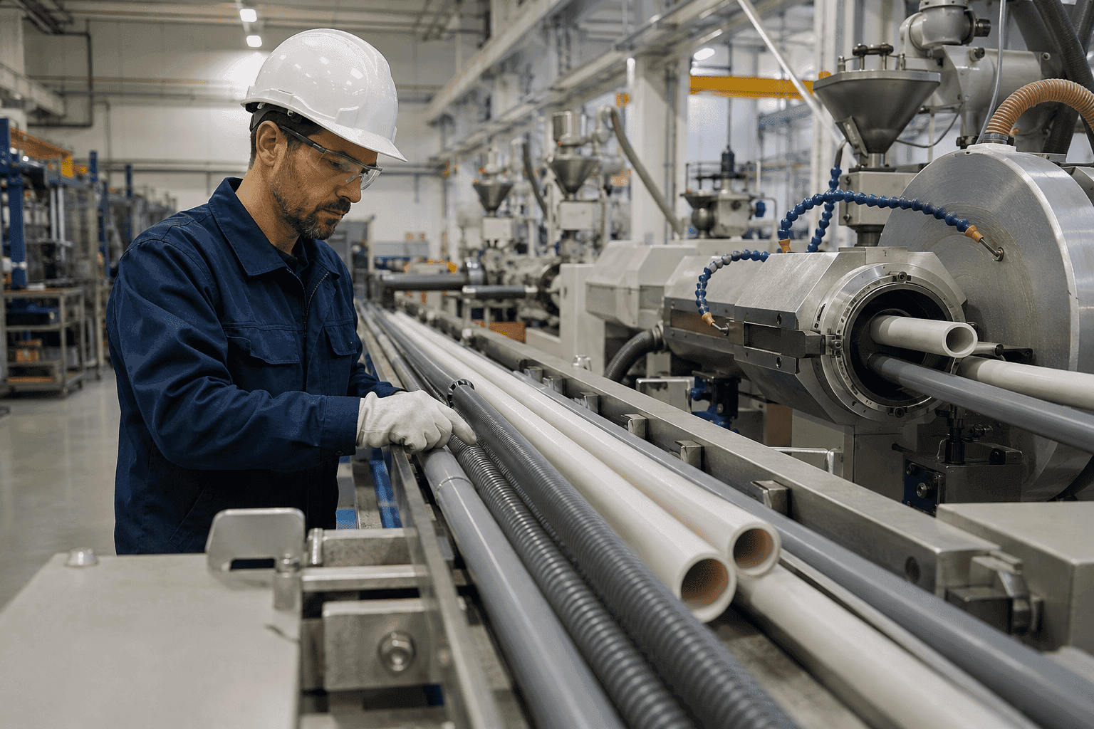 Fabricación de tubos y perfiles de PVC industrial en una línea de extrusión