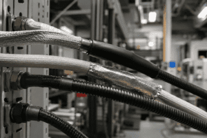 Cableado industrial protegido con fundas de alta temperatura en un entorno técnico