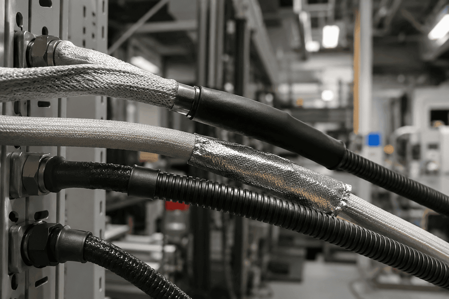Cableado industrial protegido con fundas de alta temperatura en un entorno técnico